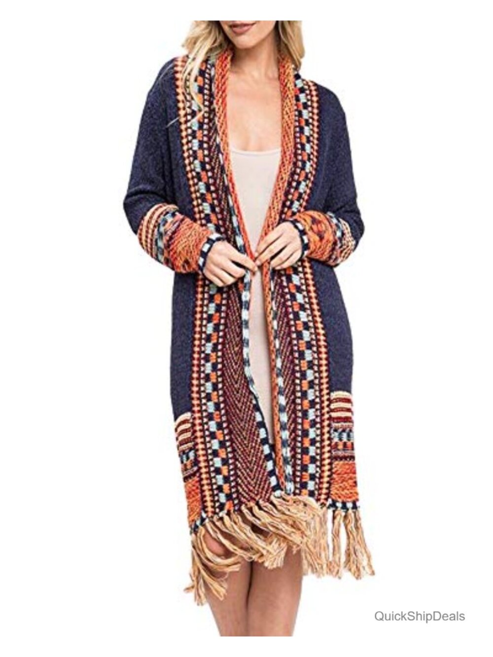 Boho Long Open Front Maxi Cardigan Sweater Aztec Tribal Tassel Fringe